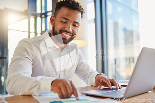 Image of Stock market, accounting and fintech business man happy with company profit and statistics analysis data. Smile of a corporate accountant working on a laptop with financial software app and paperwork