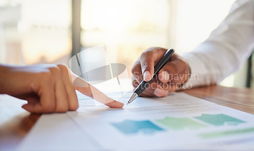 Image of Marketing, data and consulting with business people in meeting about financial growth on investment stock of company. Administration, corporate employee working on chart analytics portfolio documents