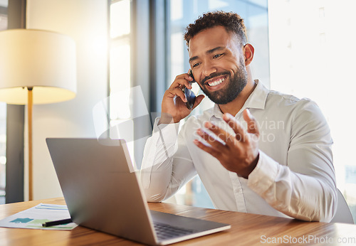 Image of Business, corporate and client deal phone call of a businessman working at an office computer. Sales marketing business man with a smile happy about career success, b2b bonus or executive promotion