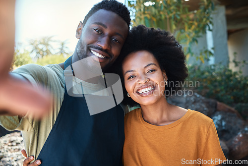 Image of Portrait, black couple and love and mobile selfie or self photograph in nature to celebrate their honeymoon. Happy, man and woman taking pictures for social media post or content with a smile.