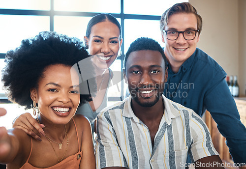 Image of Selfie, diversity and friends smile together for social circle picture at casual drink event. Support, respect and happy bond in friendly relationships and relaxing with people you care for.