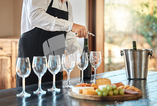 Image of Cheese and wine tasting, waiter service and farm restaurant. Luxury date idea, fine dining experience, and alcohol glasses on table grapes food buffet and party celebration drink champagne pairing