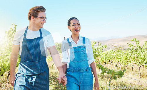 Image of Farm, success, and love for wine, farmer couple in vineyard. Sustainability, development and distillery manufacturing wine. Happy man and woman work agriculture, alcohol and farming industry together