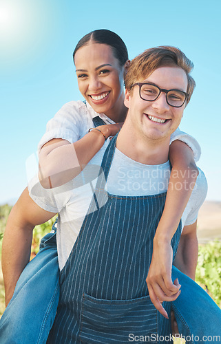 Image of Love, smile and happy farmer couple in countryside, nature park or farm with growth in spring garden portrait. Interracial man and woman have fun on relax, sustainability and agriculture date