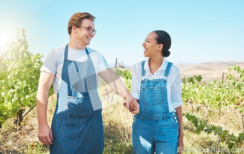 Image of Interracial couple farming on wine farm in nature, farmer on vineyard in natural environment for agriculture and green sustainable lifestyle in countryside. Sustainability and ecology in summer