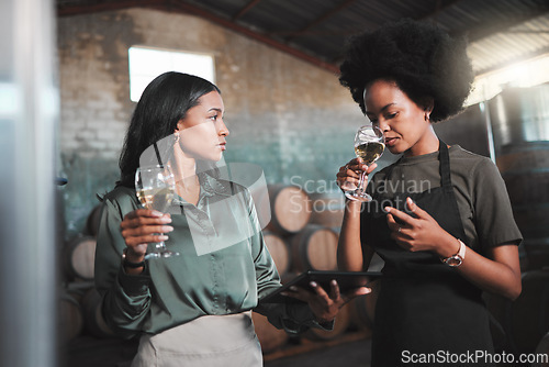 Image of Friends, wine tasting or countryside wine farm with alcohol smell in drink glass on environment sustainability distillery. Woman learning agriculture industry with working vineyard restaurant people