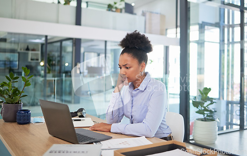 Image of Stressed, confused or worried online finance manager with laptop reading, thinking or checking financial office report. Unhappy, concerned or anxious accountant making mistake or failing tax deadline