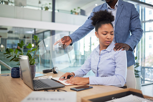 Image of Workplace harassment, sexual abuse and unprofessional behavior from manager and business man touching a coworker in an office. Woman feeling uncomfortable, scared and worried about unwanted advances