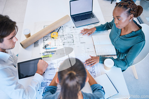 Image of Architect blueprints, engineers and designers analyzing drawing, draft and sketch plan for construction project, layout and building from above. Team collaboration planning for property development