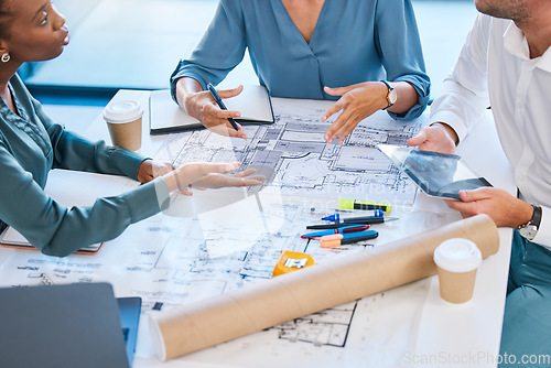 Image of Blueprints, architects and building engineers talking, meeting and planning renovation, remodeling or floor plan with tablet. Diverse group of designers arguing over structure design and vision ideas