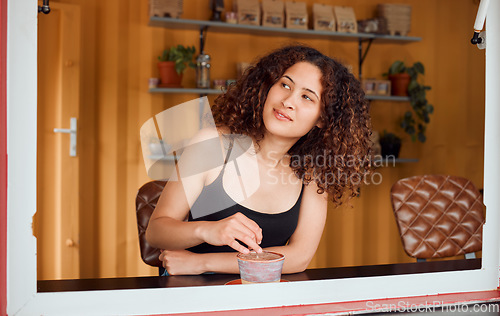 Image of Startup, boss or small business ceo of a cafe, coffee shop or pop up restaurant and fast food waiting for customers. Happy woman manager with mindset for vision, success and growth for profit goals
