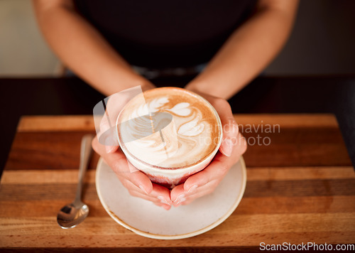 Image of Coffee, tea and cappuccino drink in hands of a waiter working in coffee shop, cafe and restaurant. Closeup of server, employee and woman with warm or hot beverage in barista industry and hospitality