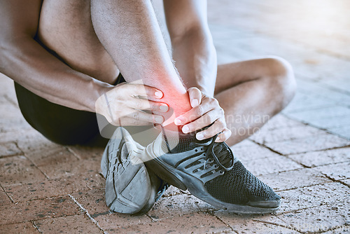 Image of Runner with medical sports running injury and swollen ankle pain. Male athlete treating foot sprain, man with fitness training emergency and sore leg muscle from cardio workout with exercise shoes.