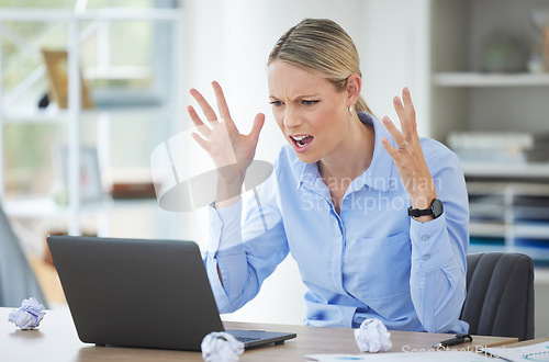 Image of Burnout, fail and angry corporate employee with laptop stress, review and frustrated in marketing or advertising office. Accounting, compliance and doubt with worker in finance business office