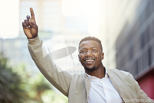 Image of Businessman, travel and call taxi driver in traffic in the morning work, transportation to an airport to catch a flight. Young man in an urban city, on the road and catching transport or car ride