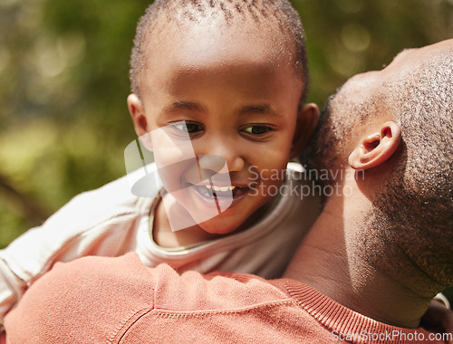 Image of Happy, child and father in nature with smile of joy for quality time, holiday or weekend in the outdoors. Love, care and parent embracing his kid and having playful fun outside on a warm summer day.