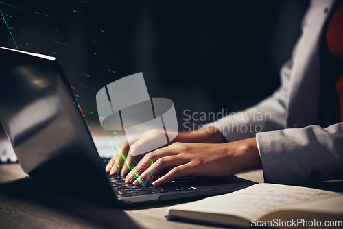 Image of Hands working on laptop, sending emails and doing education online at desk. Cgi laser light of writer, employee or creative person typing on computer, planning a strategy and doing research for book