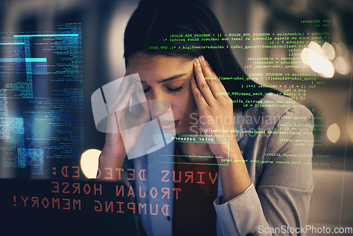 Image of Stress, headache and programmer with depression gets a cyber security attack, virus or glitch. Anxiety, tired and sad business woman or worker in iot and big data hacked by a hacker at work.