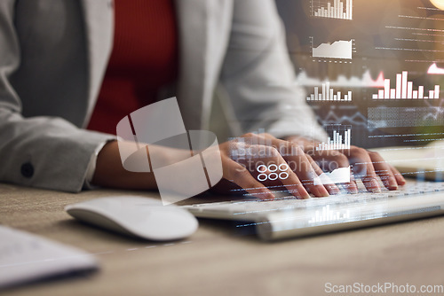 Image of Finance, economy or investment with hands of a woman broker typing on a keyboard with digital overlay or special effects. Closeup of an accountant or crypto trader reading a chart to work on growth