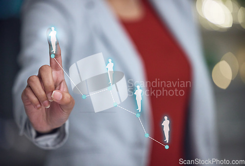 Image of Networking, investigation and touchscreen technology with the hand of a business woman pointing to you or demographics. A female user touching a screen with digital overlay and connecting the world