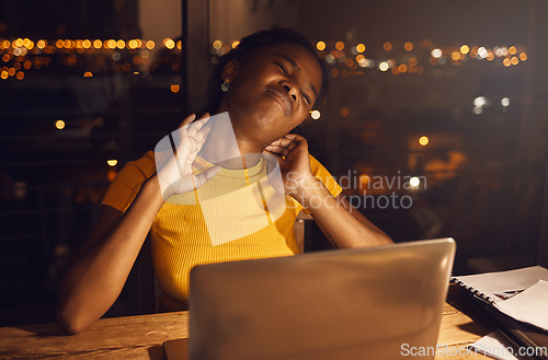 Image of Neck pain, studying hard and work stress of a young female student working late for a test or exam. Stressed, tired and anxious preteen girl work at night on a school study class project inside
