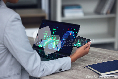 Image of Finance, saving and investment with the hands of a female broker on a laptop and phone with CGI, special effects and digital screen. Closeup of a banker, accountant or manager working on growth