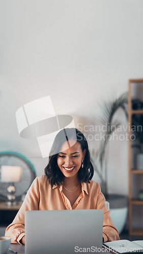 Image of Female marketing agent networking online on laptop, planning with internet and working at an advertising agency. Smiling female corporate worker reading emails, making connections and searching web