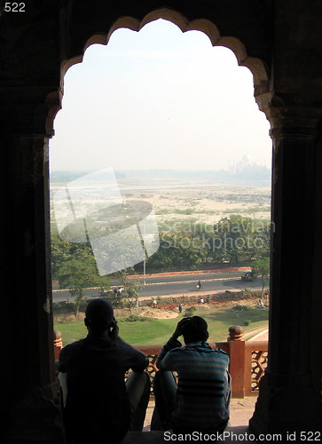 Image of Looking at the Taj Mahal from the Agra Fort. India