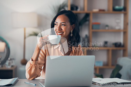 Image of Woman working from home, freelancer and thinking entrepreneur drinking coffee, taking break and doing remote work with motivation for mindset ideas. Happy person planning vision and strategy solution