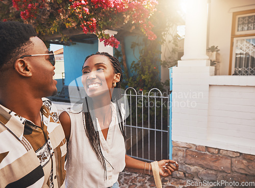 Image of Travel couple walking in city street, happy on holiday vacation together and smile on tourist journey in summer. African man and woman on tourism date and young black people in love on honeymoon trip