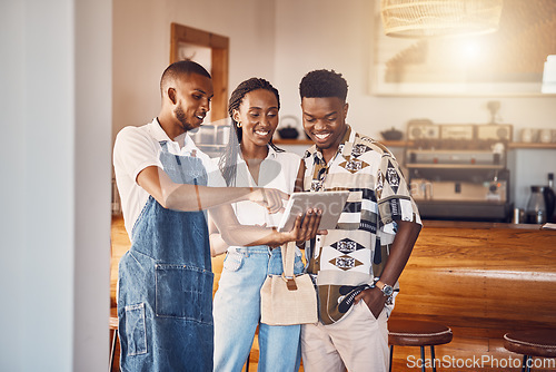 Image of Restaurant owner working on digital tablet to plan and discuss business budget with investors. Startup business, entrepreneur and man leader showing happy customers the food menu on technology.