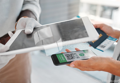 Image of Covid safety, travel passport and qr code closeup of digital vaccine status for safety at airport. Corona regulations and certificate result on mobile for passenger with health immunity from virus.