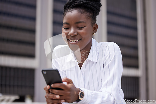 Image of Phone, communication or networking with a business woman working in the city with motivation, a vision and a mission for growth and development. 5g mobile technology with a marketing worker outside