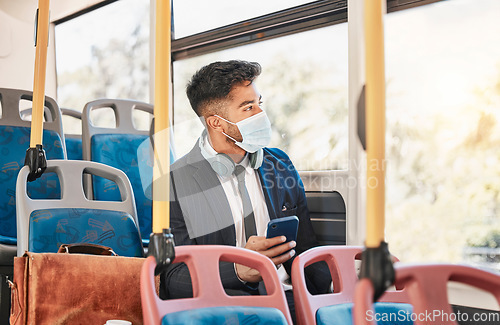 Image of Covid, bus travel and business phone while on public transport commute with pandemic regulations. Worker with face mask protection while travelling to work for virus safety and prevention.