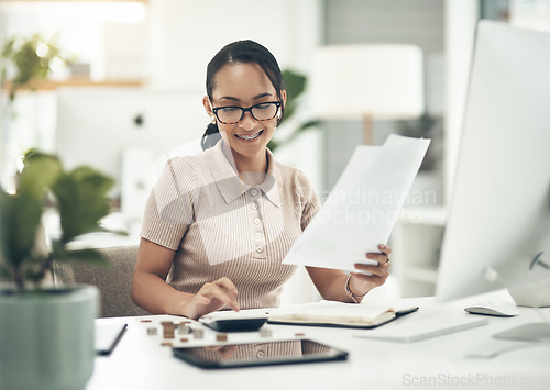 Image of Finance intern, career or financial employee learning her banking budgeting on a calculator. Young accountant, money insurance advisor or investment planner working on tax, cash or accounting papers