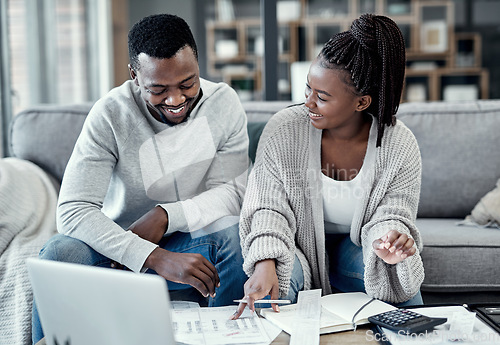 Image of Finance, home budget and financial planning with a couple working on a laptop looking happy about savings, investment and mortgage insurance. Boyfriend and girlfriend calculating tax or future income