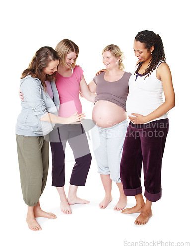 Image of Pregnant, friends and support group community for multicultural women with mothers to be against white studio background. Health, wellness and pregnancy journey of happy, healthy and diverse women