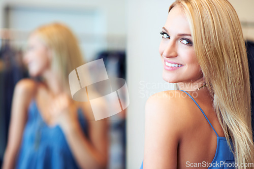 Image of Mirror, smile or happy shopping woman or customer in luxury retail store portrait. Social media influencer or girl at fashion boutique shop or mall for discount sale product or designer brand clothes