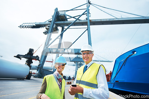 Image of Shipping people, stock container and portrait of management happy with courier service and delivery. Cargo industry woman and man motivated for efficiency in teamwork for transportation logistics.