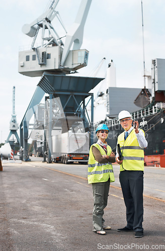 Image of Logistics, supply chain and shipping with teamwork between a manager and employee on a harbor outside a factory, warehouse or plant. Manufacturing, cargo or freight in the export and import industry