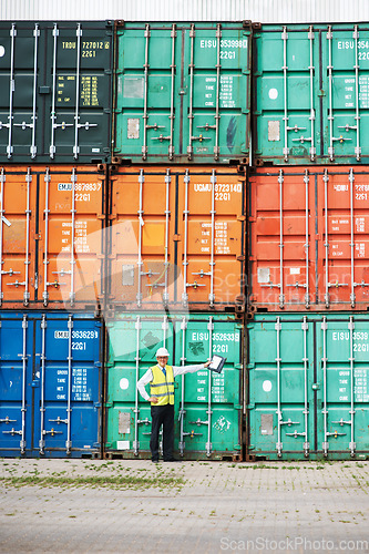 Image of Logistics worker in shipping or manager of container store at a port, working in safety at global sea freight transport business. Cargo ready for international delivery, export and commercial trade.