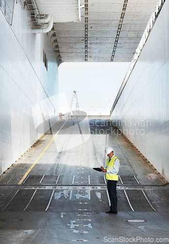 Image of Shipping, logistics and cargo businessman doing checklist on the interior for container or travel on ship. Supply chain, global delivery and factory warehouse industry manager working on boat