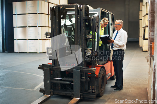 Image of Manager planning forklift logistics with factory employee for supply chain, industrial shipping and warehouse manufacturing. Cargo truck machine for industry container, production and freight storage