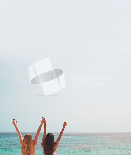 Image of Adventure beautiful friends arms raised on paradise beach on destination summer wanderlust vacation