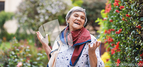 Image of Portrait happy old woman smiling enjoying retirement wearing colorful scarf in beautiful garden