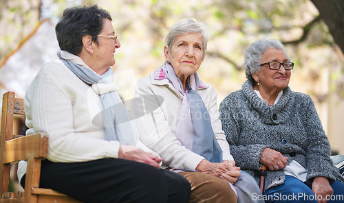 Image of Happy old women sitting on bench in park smiling happy life long friends enjoying retirement together
