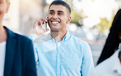 Image of Business travel, commute and phone call for walking man, entrepreneur and pedestrian networking with customers in busy city. Happy, smile and motivation for success startup on morning routine to work