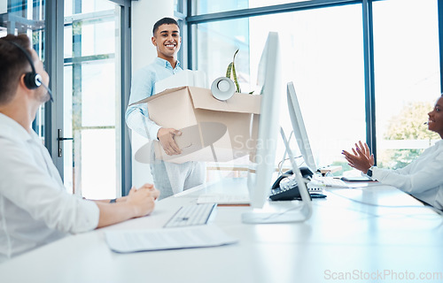 Image of We are hiring, recruitment and employment of a happy man or manager moving to a new office with his box in a call center. Staff welcome excited new management, office worker or hired employee