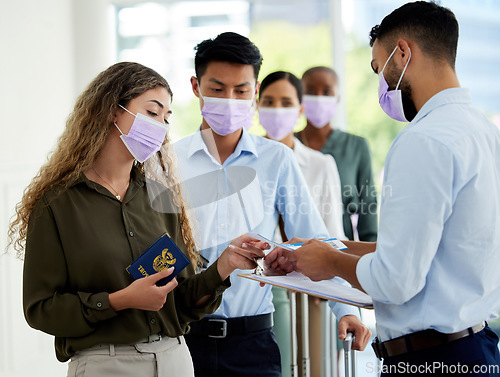 Image of Covid passport, airport travel restrictions and ticket id at security queue border for immigration traveler. Compliance officer checking passenger safety info, transport document and risk certificate