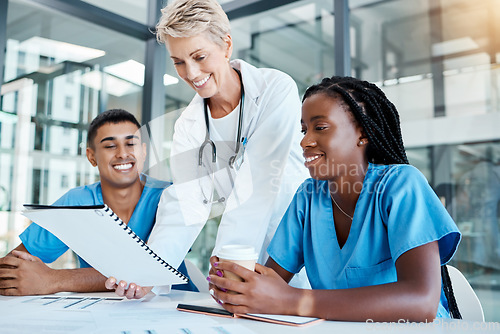 Image of Medical, planning and doctor and nurse collaboration on innovation, medicine and health care meeting. Happy, diverse healthcare workers smiling and reading results or feedback from cancer cure trial